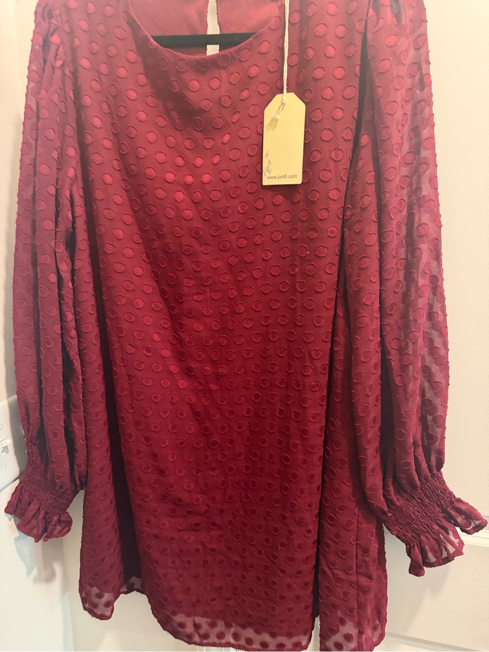 JODIFL Burgundy Red Textured Polka Dot Long Sleeve Dress